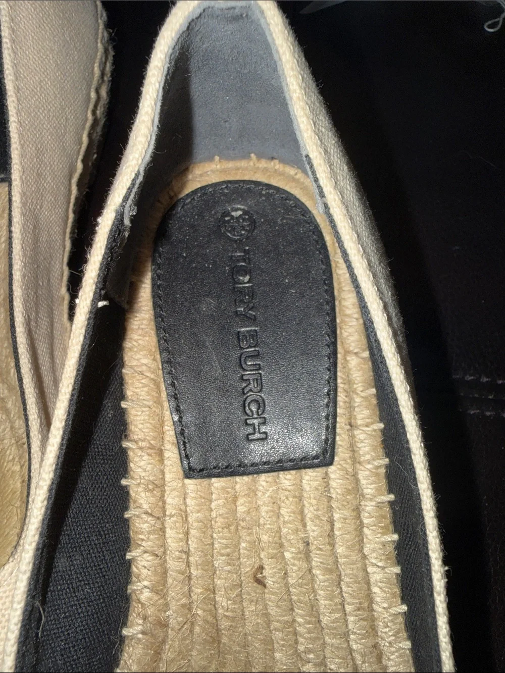 Tory Burch Beige Canvas and Black Leather-Toe Espadrille Flats
